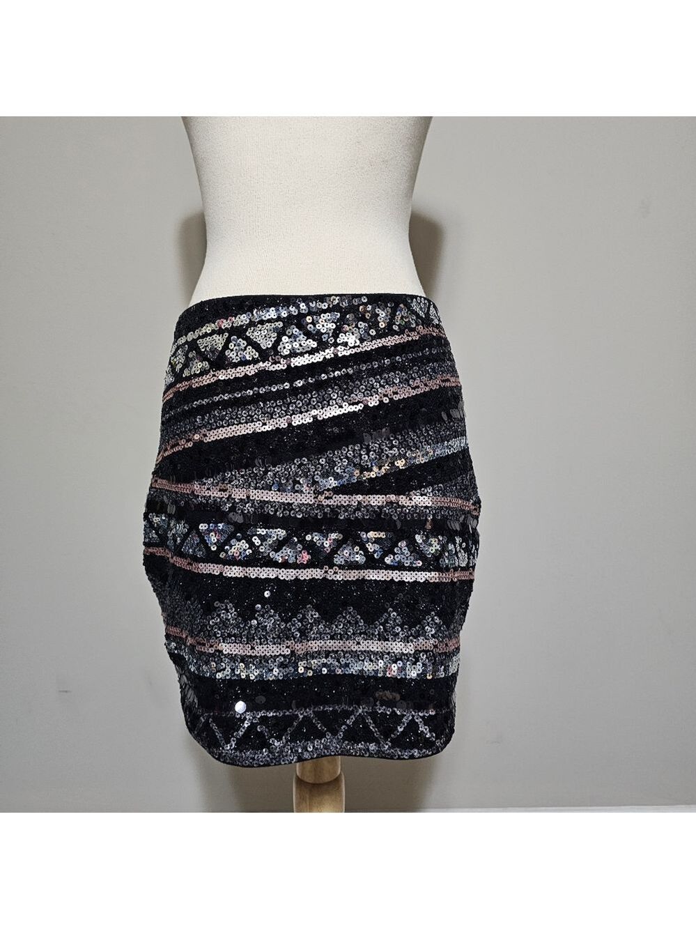 Express Sequin Striped Mini Skirt Black Silver XS